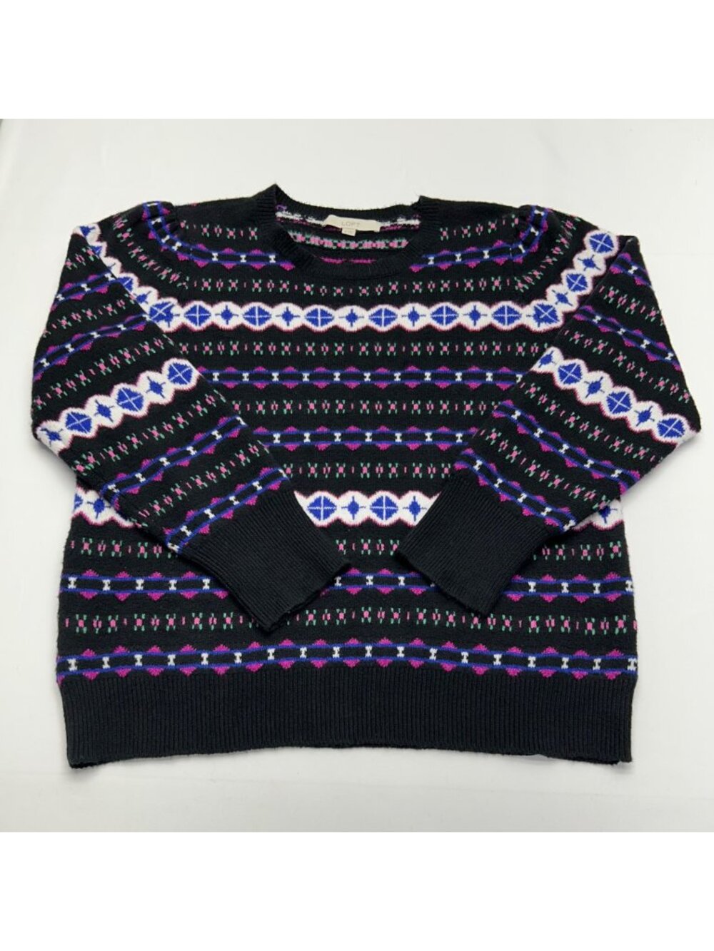 Loft Womens XL Black Fair Isle Knit Sweater With Multicolor Geometric Pattern
